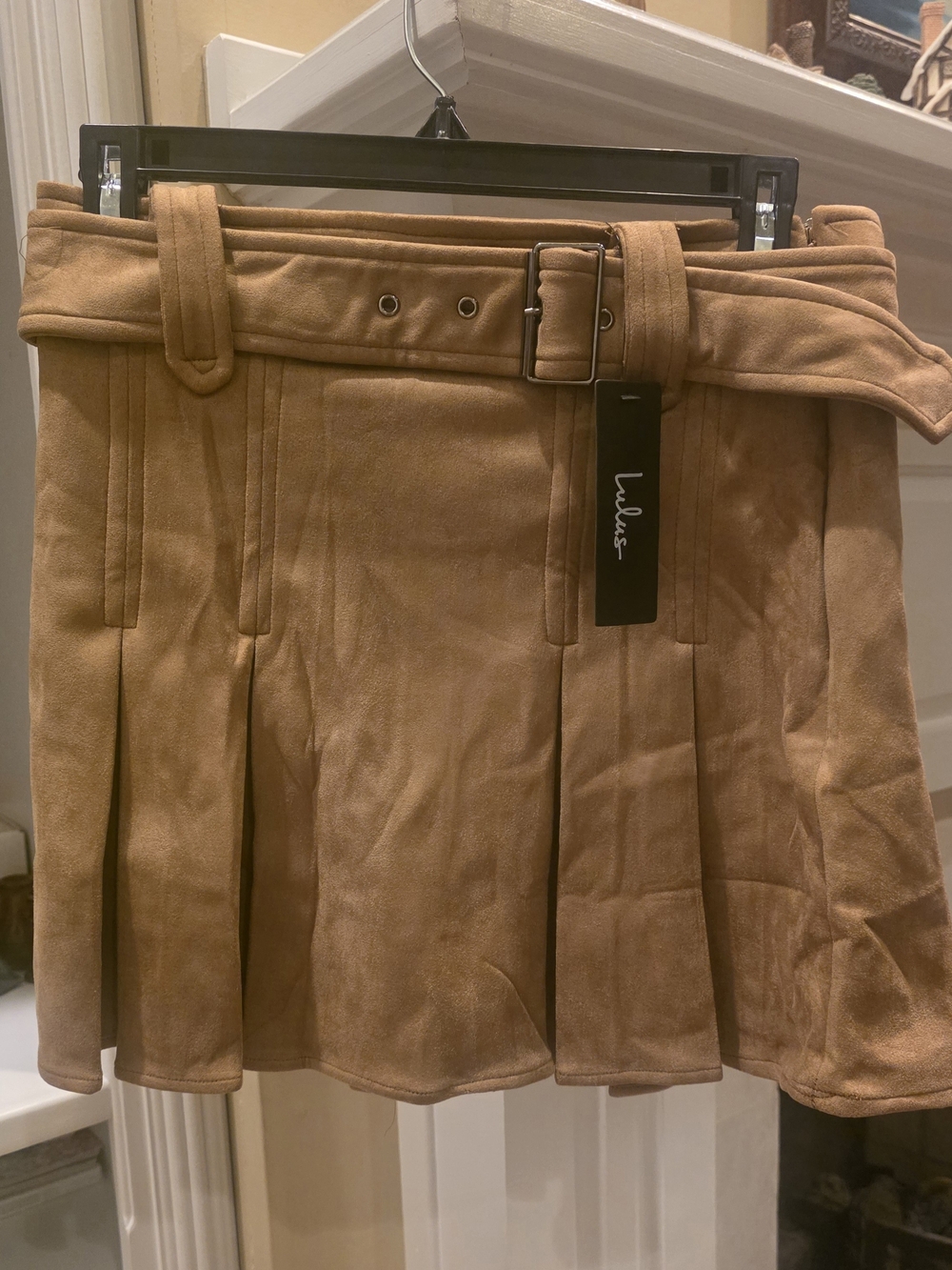 Lulu's Tan Suede-Look Pleated Mini Skirt with Belt